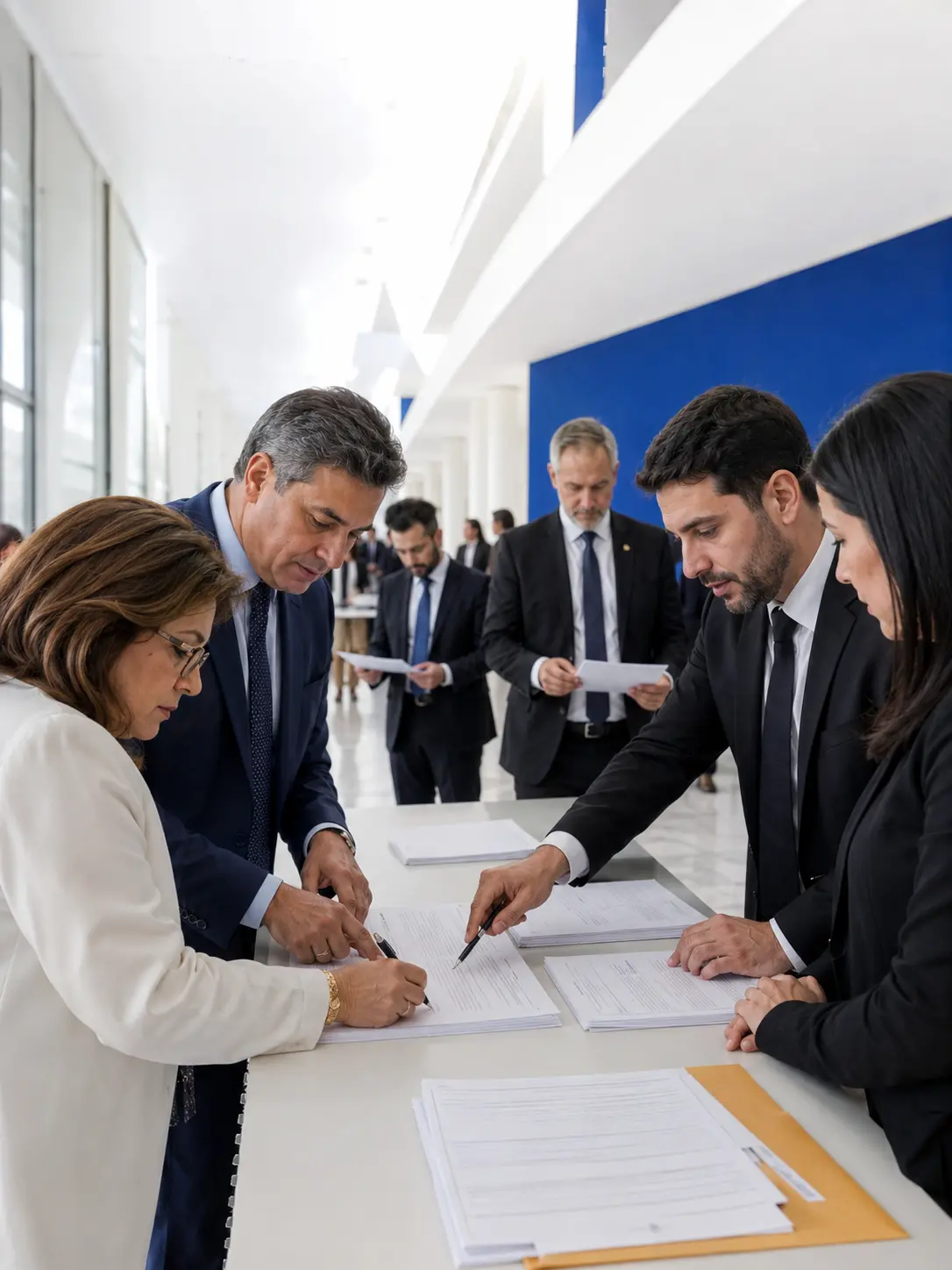 Grupo assinando documentos em balcão institucional.