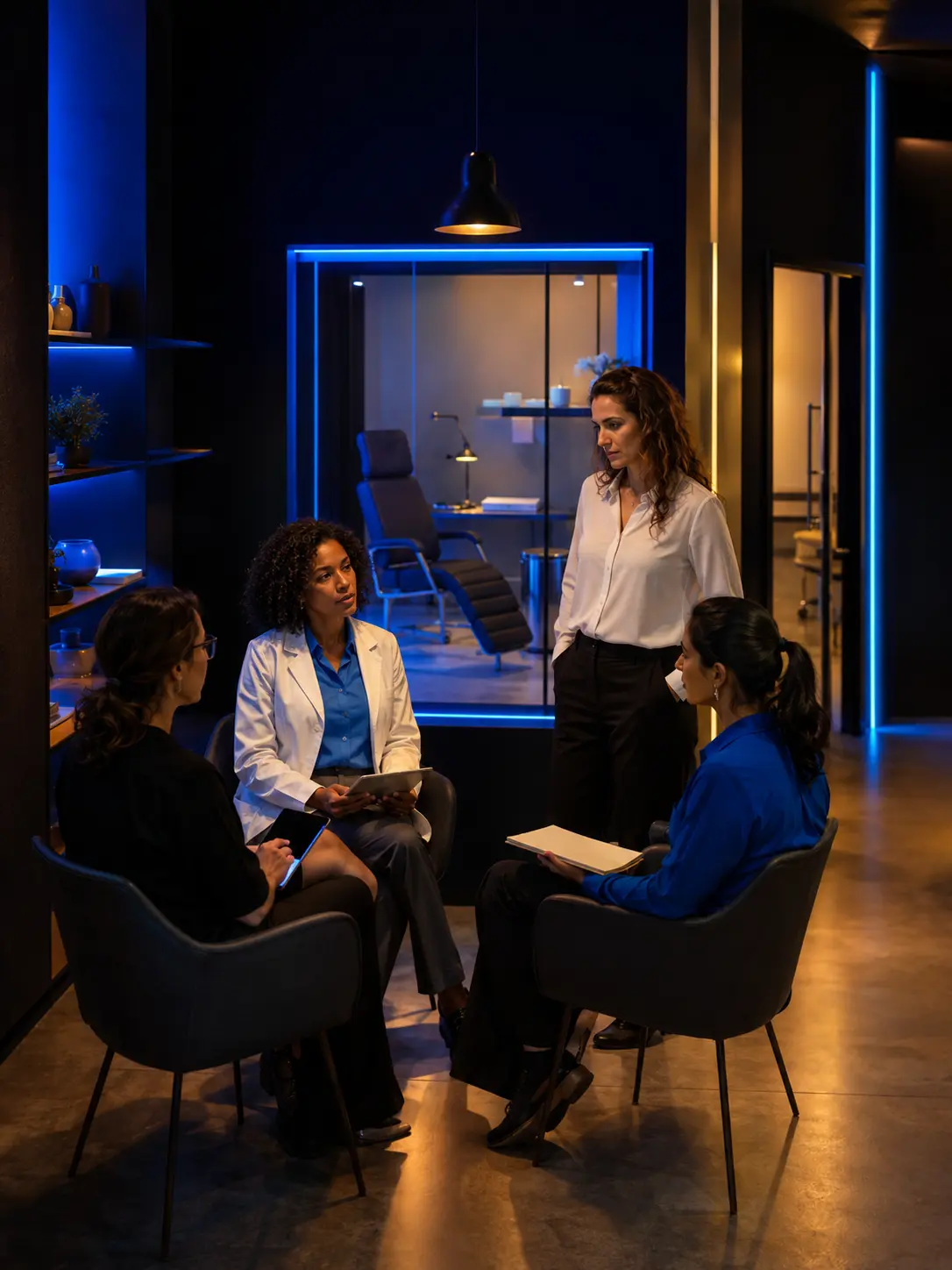 Reunião institucional em sala iluminada em azul.