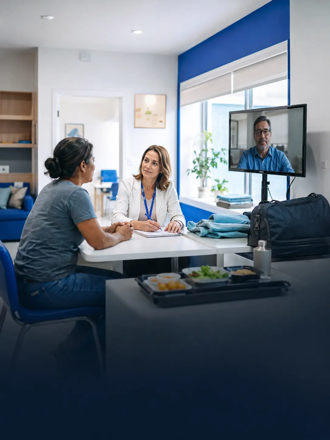 Atendimento social com videoconferência jurídica ao fundo.
