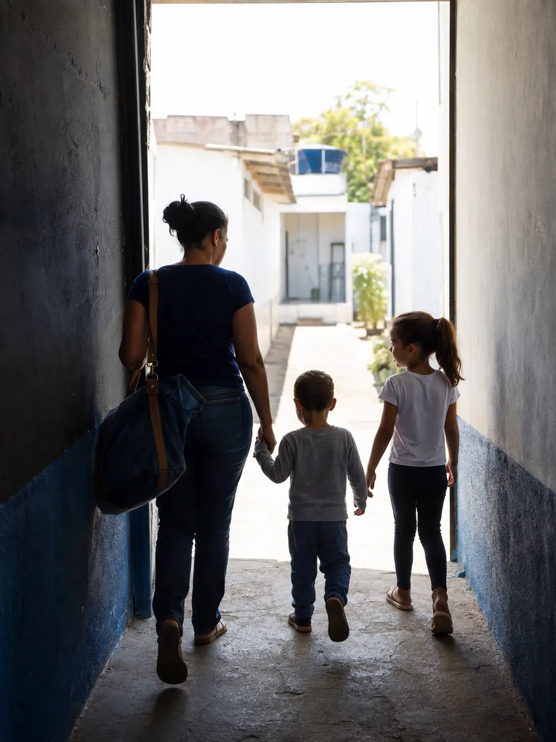 Mulher com duas crianças atravessando corredor escuro em direção à luz.