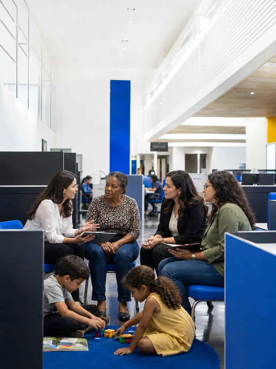 Equipe reunida em escritório enquanto crianças brincam no chão da mesma sala.